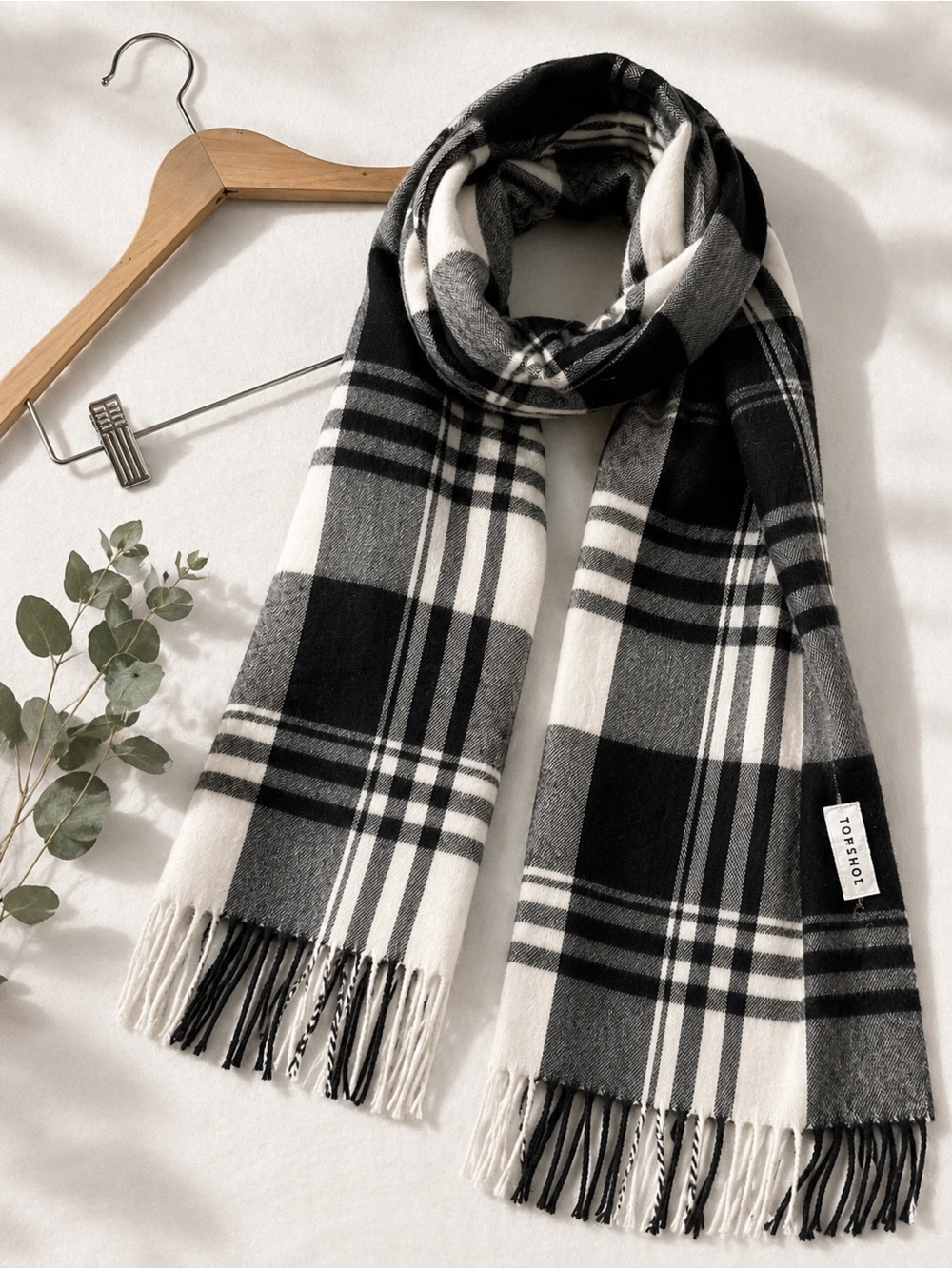 Topshop Black White Plaid Fringe Blanket Scarf One Size Made in Italy
